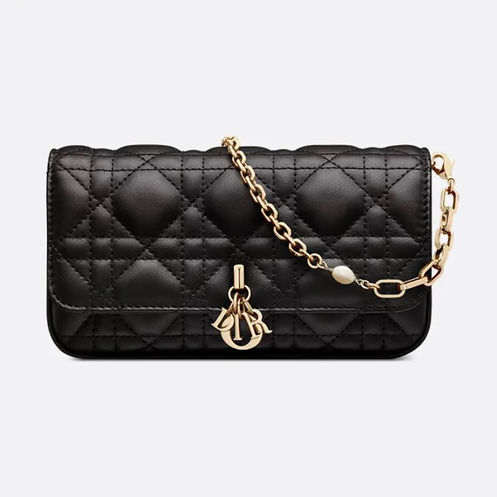 Front view of Dior Women Lady Dior Phone Pouch Black Cannage Lambskin
