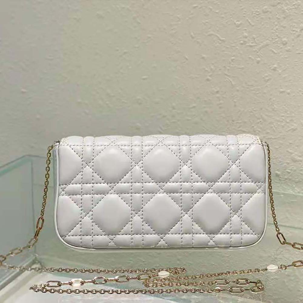 Side view showing slim profile of Dior Women Lady Dior Phone Pouch Latte Cannage Lambskin