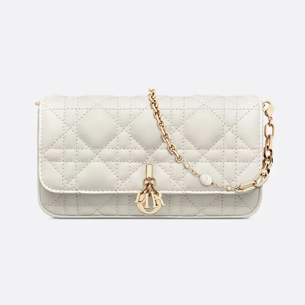 Front angle of Dior Women Lady Dior Phone Pouch Latte Cannage Lambskin white bag