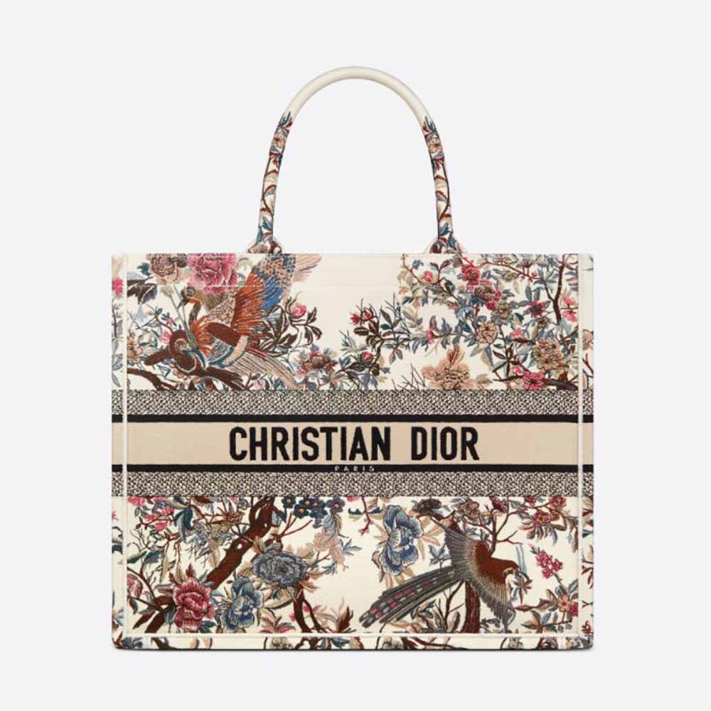 Front view of Dior Women Large Dior Book Tote Ecru Multicolor Dior Jardin D’Hiver Embroidery