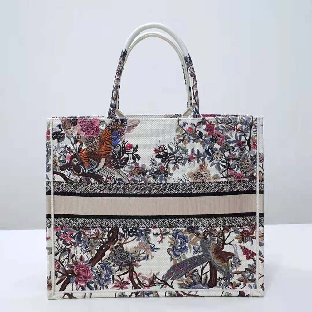 Side angle showing spacious interior of Dior Women Large Dior Book Tote Ecru Multicolor