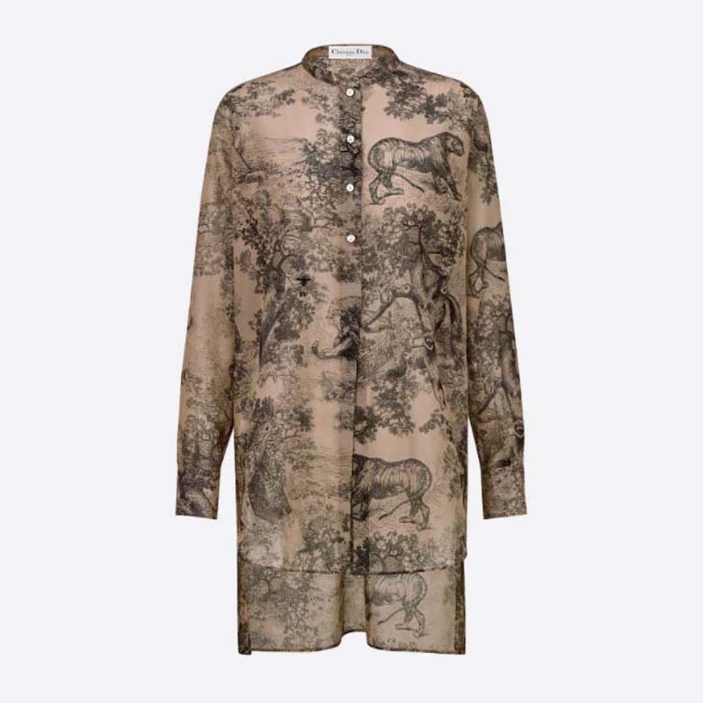 Front view of Dior Women Long Blouse Hazelnut Cotton Voile with Toile De Jouy Motif