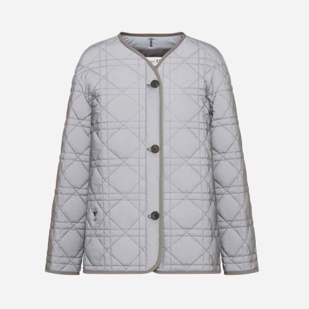 Front view of Dior Women Macrocannage Peacoat Gray Quilted Reflective Technical Taffeta