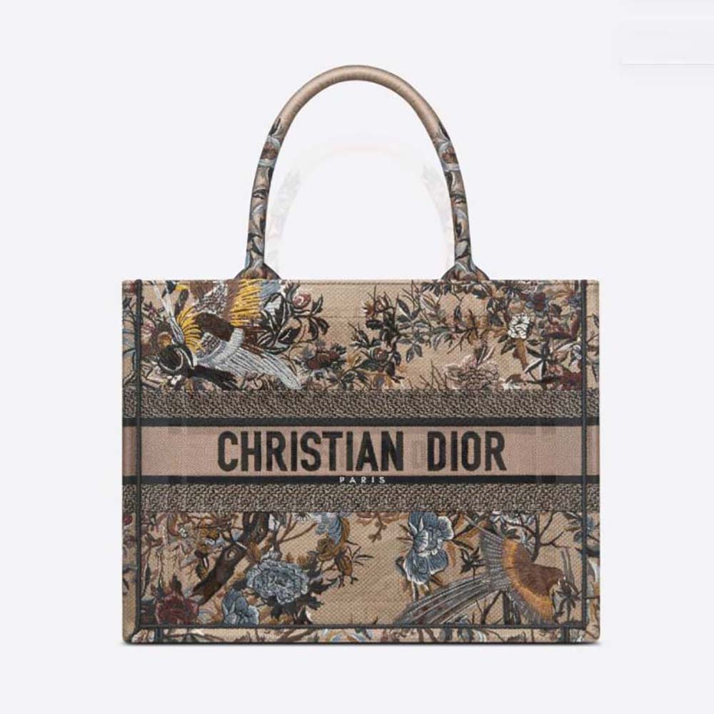 Front view of Dior Women Medium Dior Book Tote Beige Multicolor embroidery