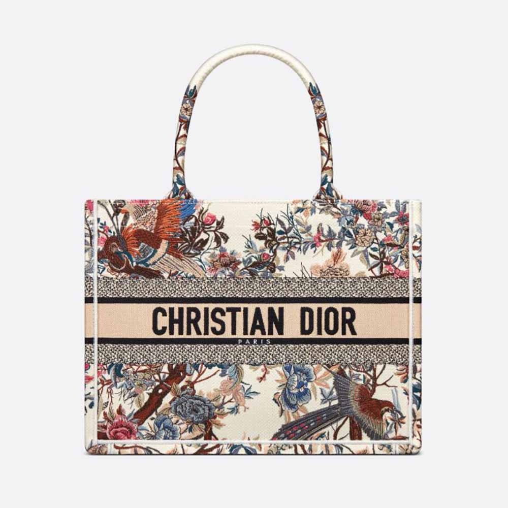 Front view of Dior Women Medium Dior Book Tote Ecru Multicolor embroidery