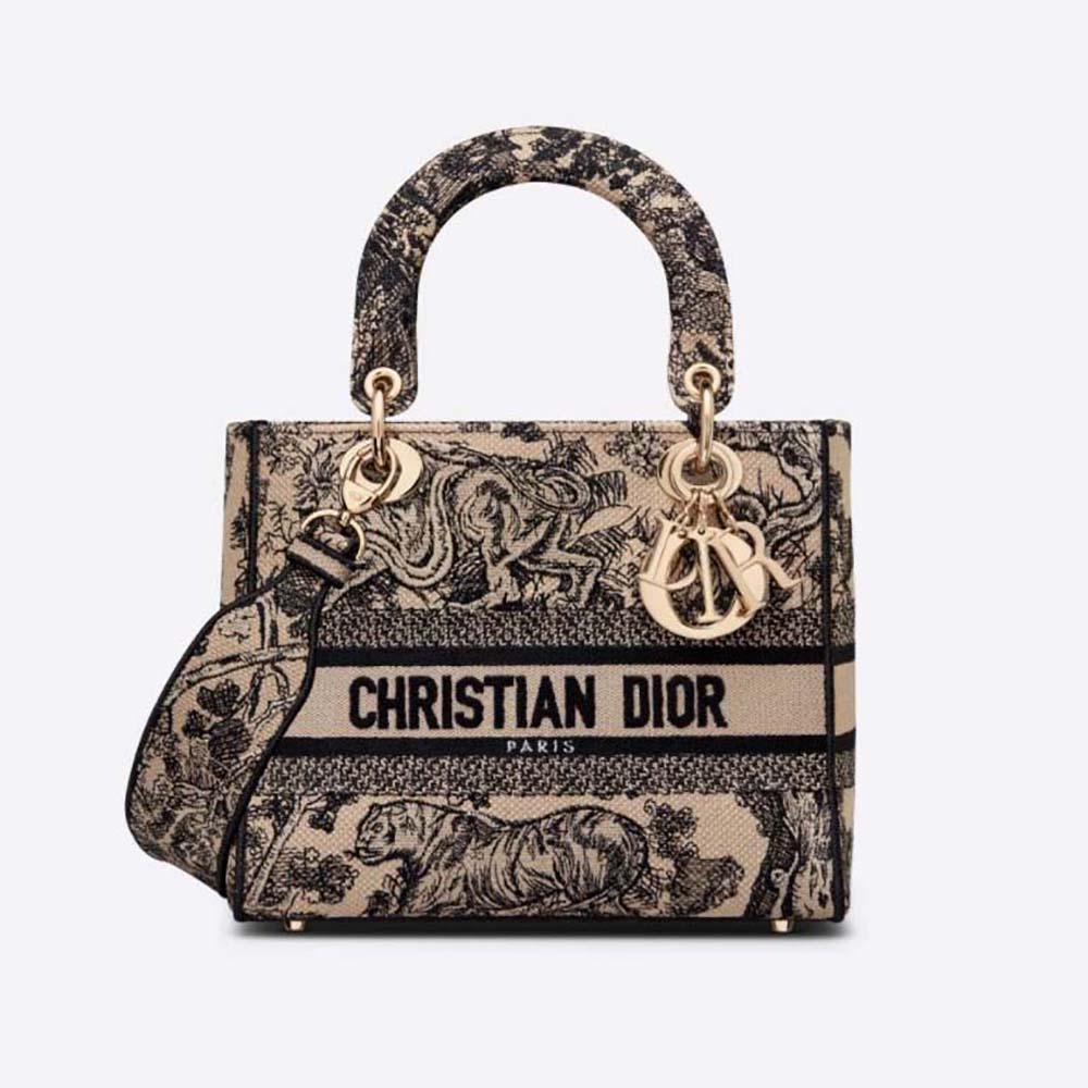 Front view of Dior Women Medium Lady D-lite Bag Brown Toile de Jouy Embroidery