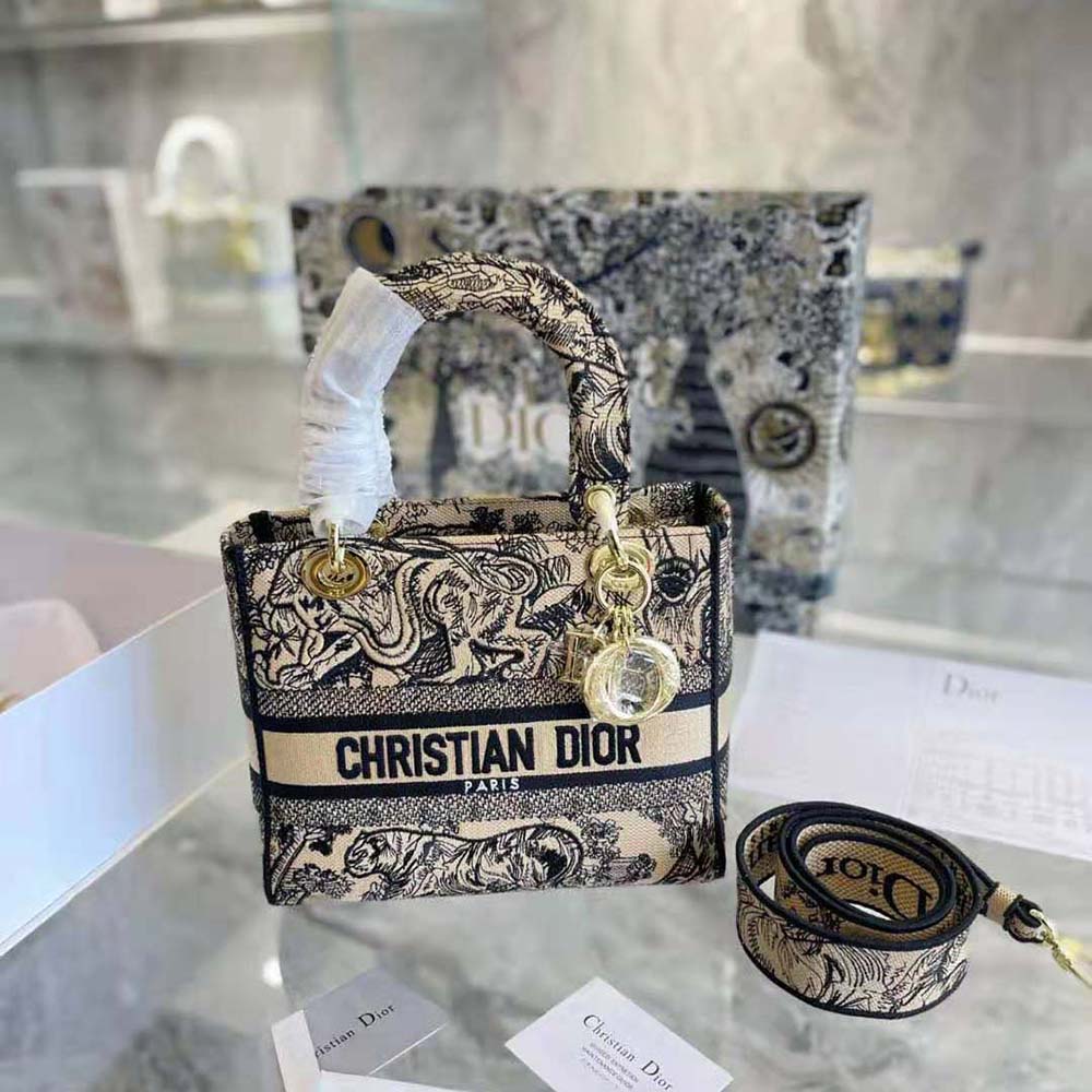 Close-up of toile de jouy embroidery and silver-tone hardware on Dior bag