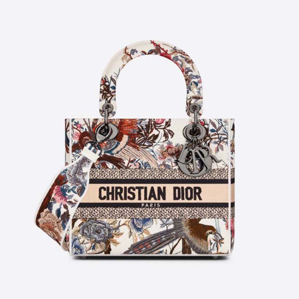 Front view of Dior Women Medium Lady D-lite Bag Ecru Multicolor embroidery