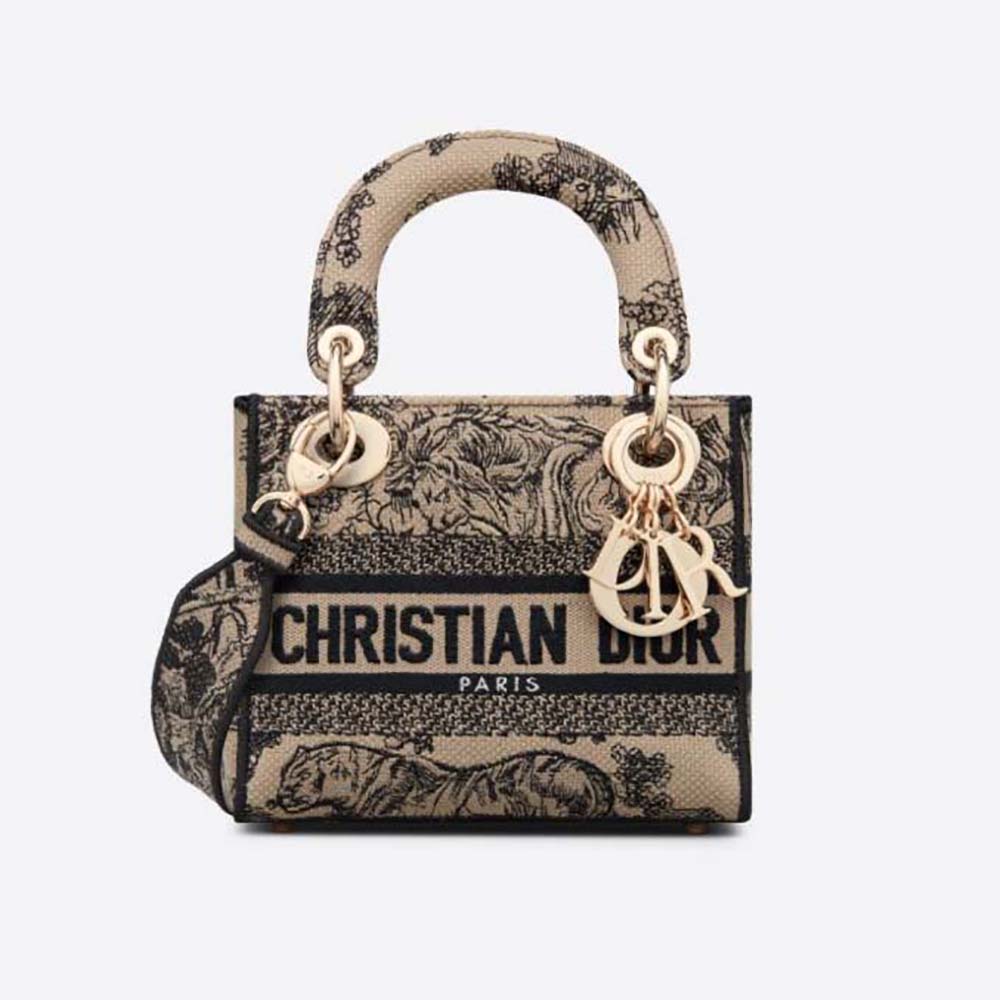 Front view of Dior Women Mini Lady D-lite Bag Brown Toile de Jouy Embroidery