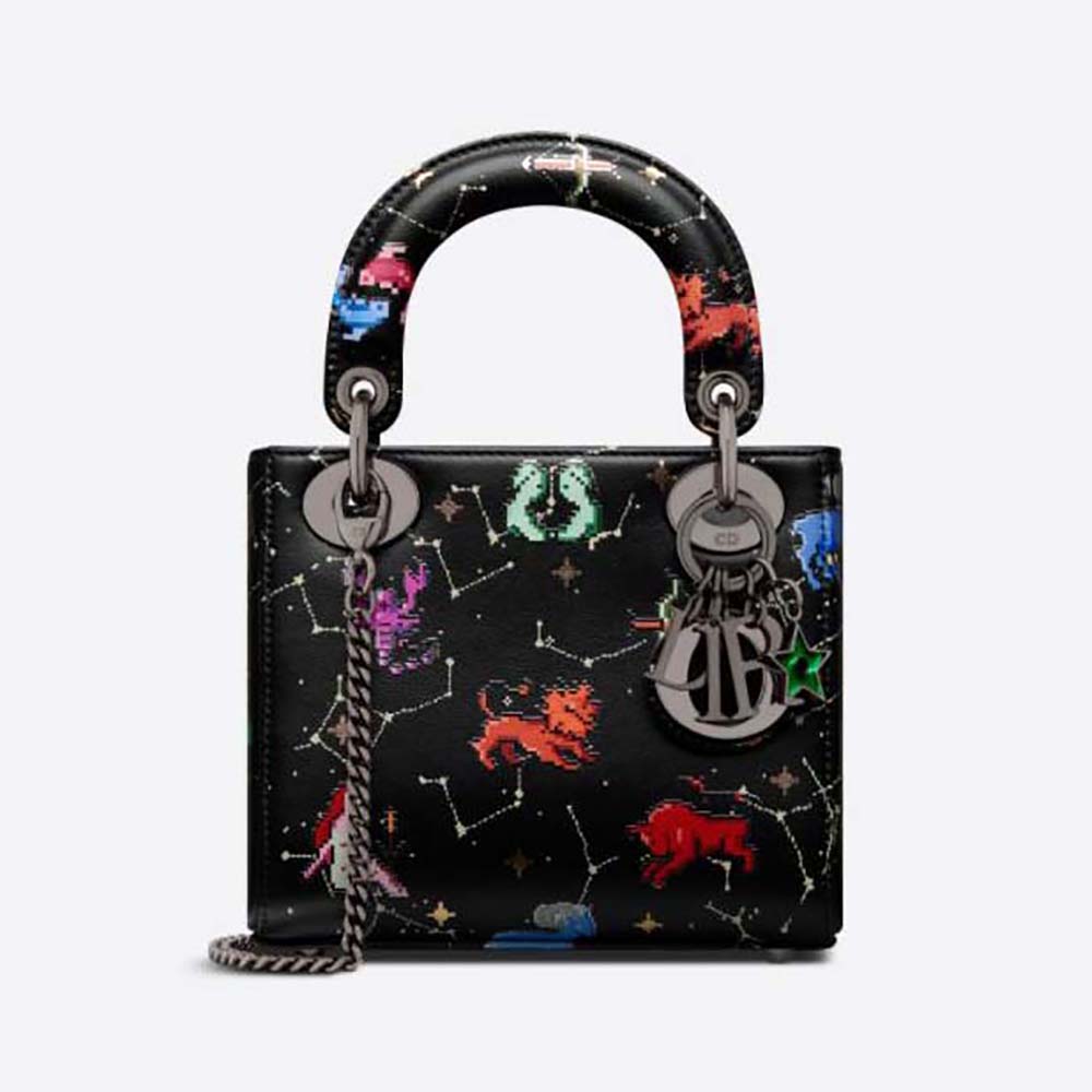 Front view of Dior Women Mini Lady Dior Bag Black Calfskin with Pixel Zodiac Print