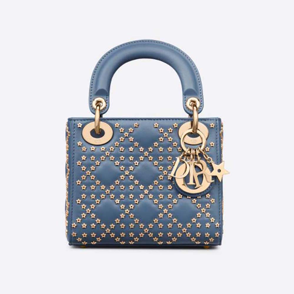 Front view of Dior Women Mini Lady Dior Bag Denim Blue Lucky Star Cannage Lambskin