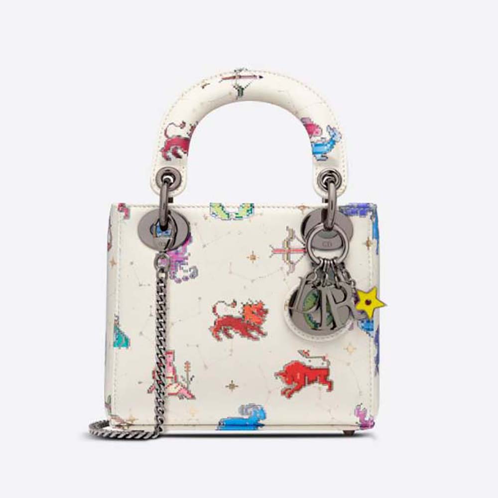 Front view of Dior Women Mini Lady Dior Bag Latte Multicolor Dior Pixel Zodiac Printed Calfskin