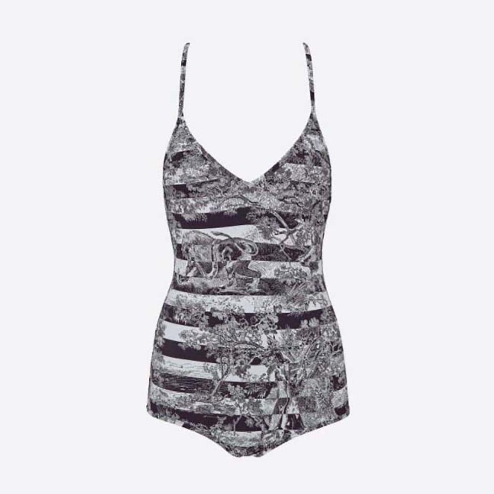 Front view of Dior Women One-Piece Swimsuit Navy Blue Toile de Jouy Stripes Technical Fabric