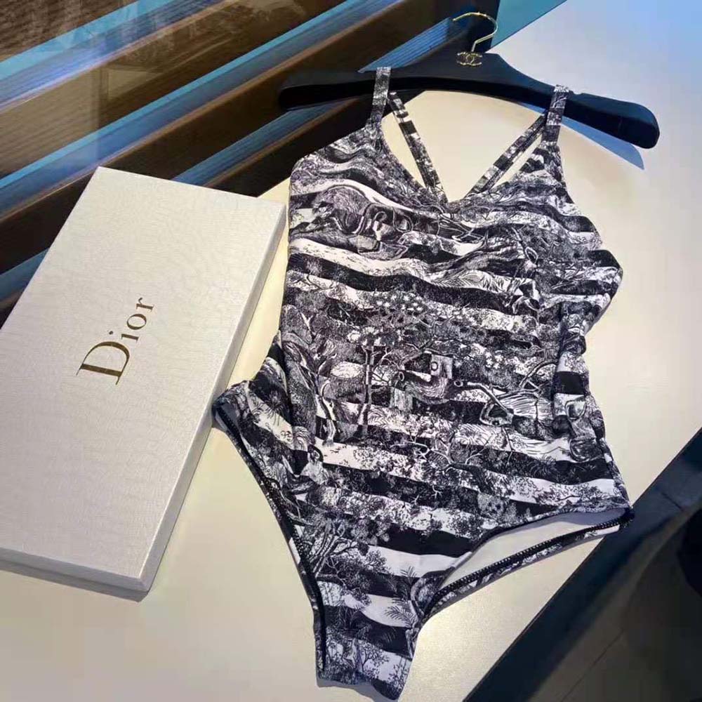 Close-up of navy blue Toile de Jouy print on Dior Women One-Piece Swimsuit