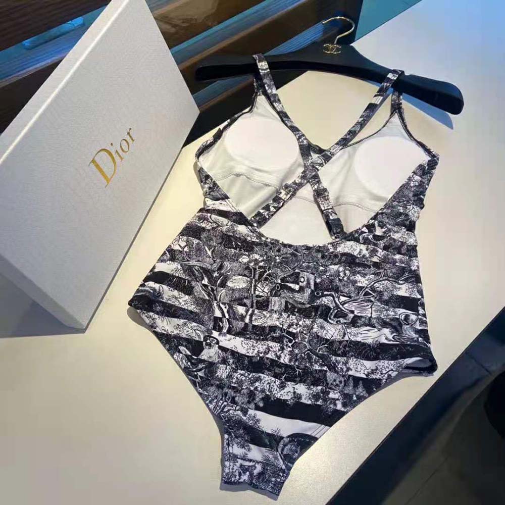Back detail showing closure on Dior Women One-Piece Swimsuit Navy Blue Toile de Jouy Stripes