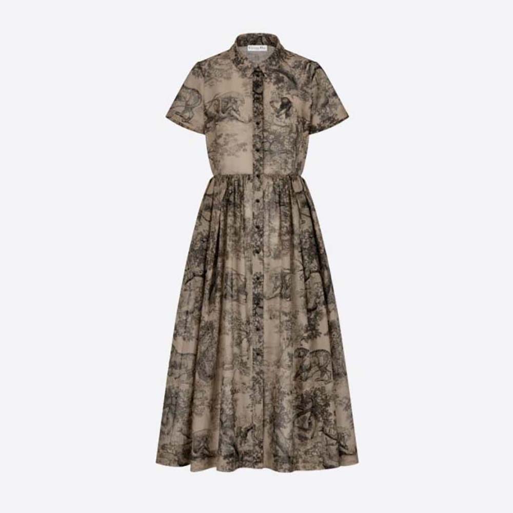 Front view of Dior Women Shirt Dress Hazelnut Cotton Voile with Toile de Jouy Motif
