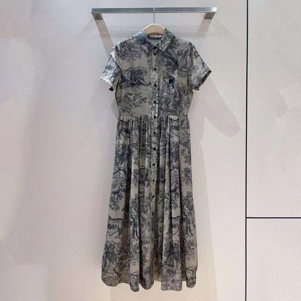 Close-up of toile de Jouy pattern on Dior Women Shirt Dress Hazelnut Cotton Voile