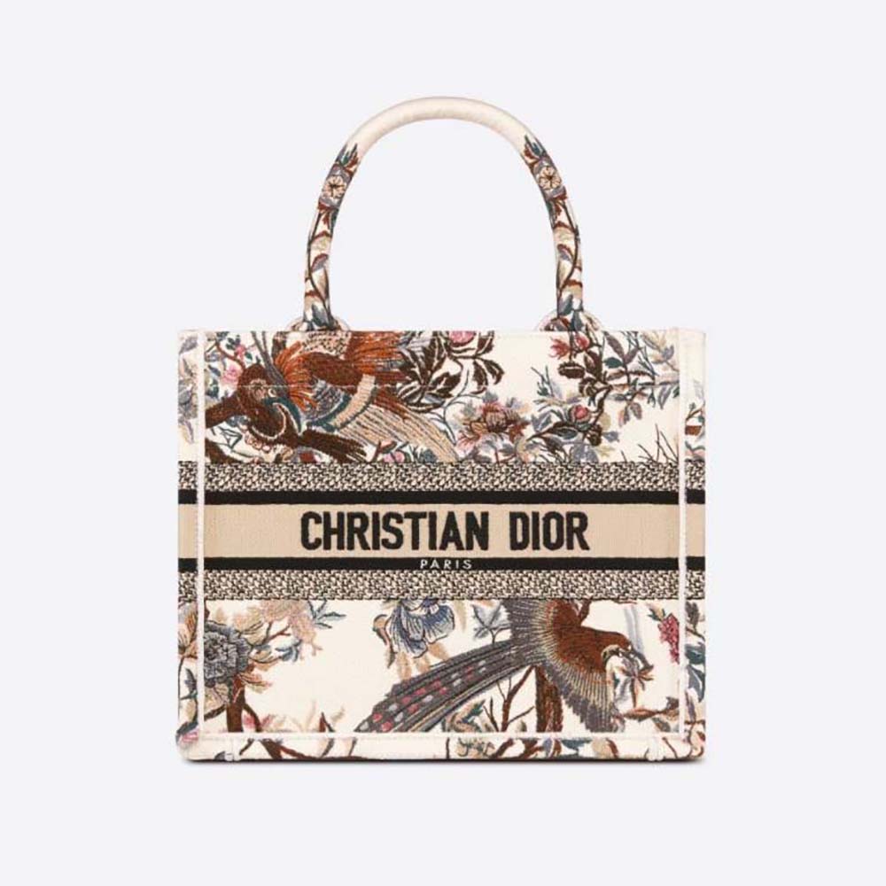 Front view of Dior Women Small Dior Book Tote Latte Multicolor Dior Jardin D’Hiver Embroidery