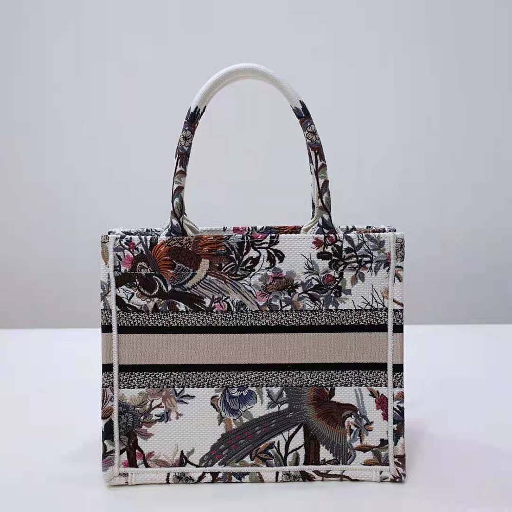Side profile showing silver-tone hardware on Dior Women Small Dior Book Tote