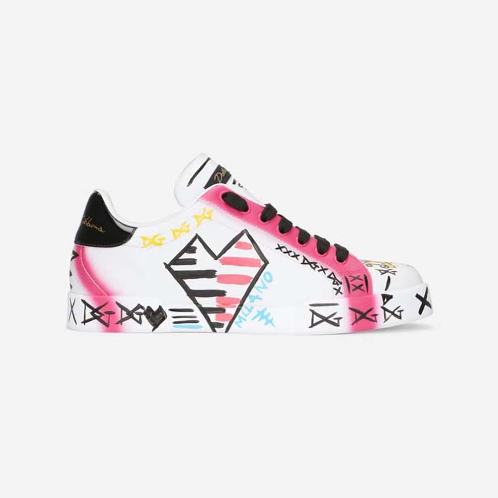 Side profile of Dolce Gabbana D&G Unisex Limited Edition Portofino Sneakers in pink leather