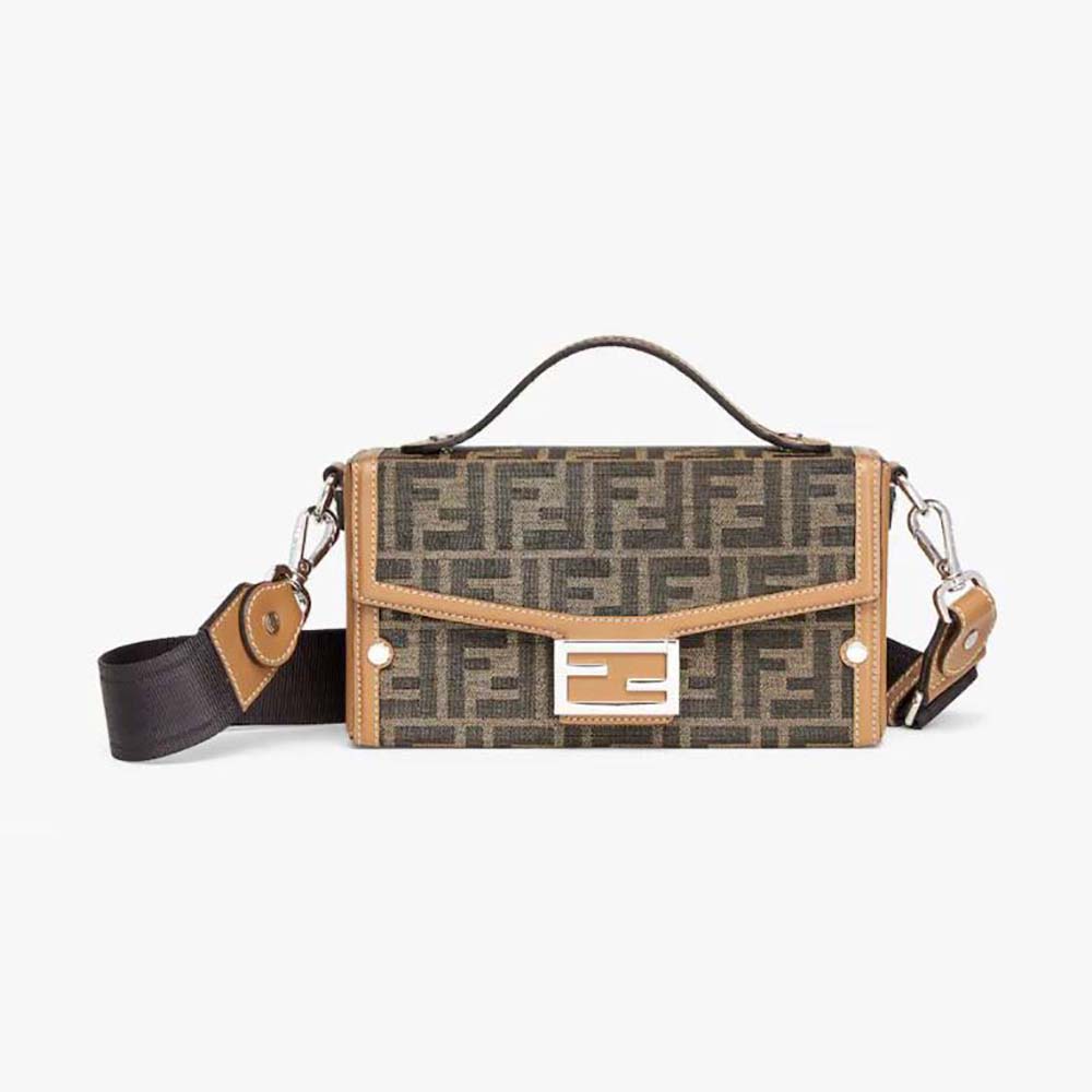 Front angle of Fendi Men Baguette Soft Trunk Brown FF Fabric Bag showing texture