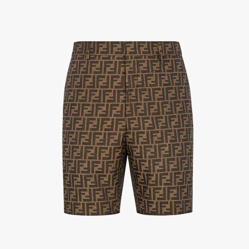 Front view of Fendi Men Bermudas Brown Fabric Pants showing relaxed fit