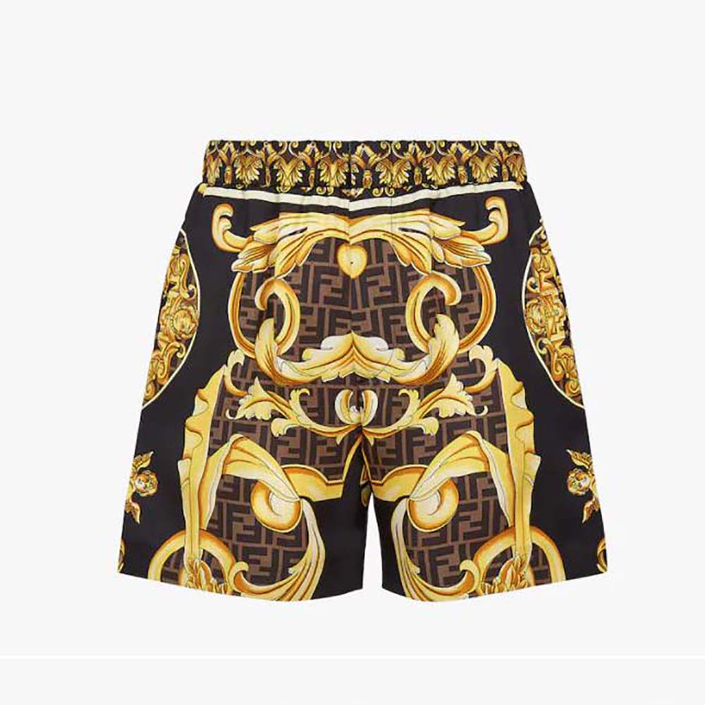 Front view of Fendi Men Bermudas Fendace Multicolor Silk Pants-Black