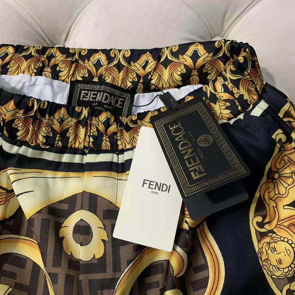 Fendi Men Bermudas Fendace Multicolor Silk Pants-Black - image 8
