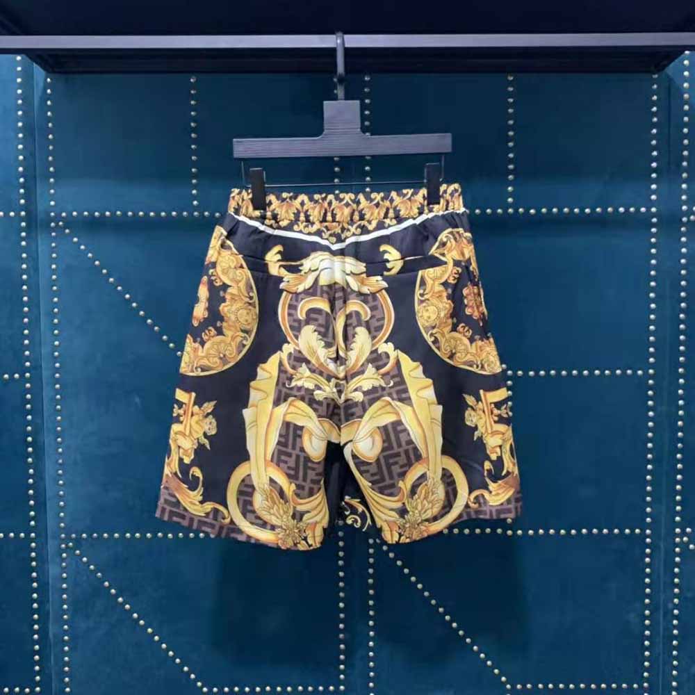 Side angle showing silhouette of Fendi Men Bermudas Fendace Multicolor Silk Pants-Black