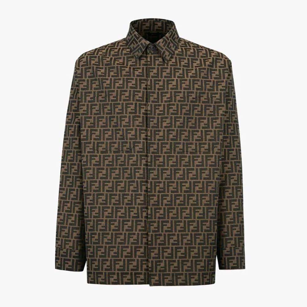 Front view of Fendi Men Blouson Brown Fabric Jacket on mannequin
