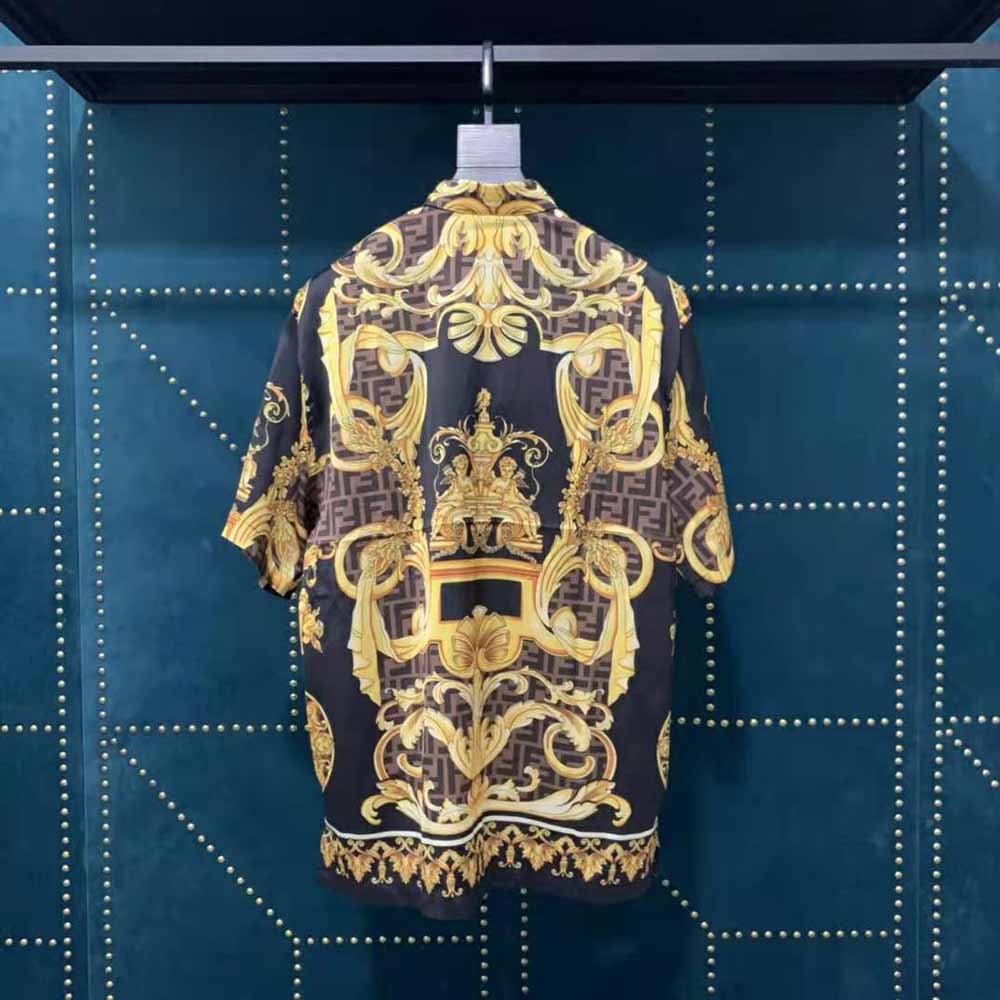 Side angle showing signature hardware on Fendi Men Fendace Multicolor Silk Shirt-Black