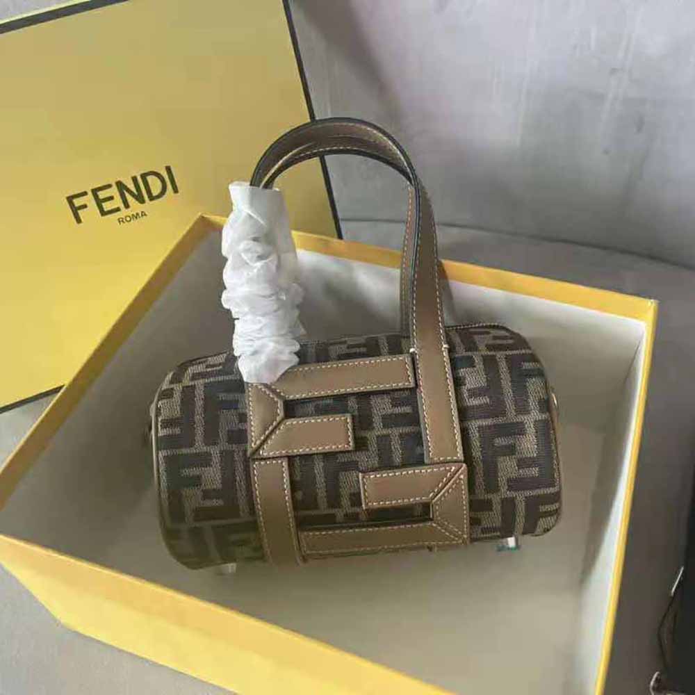 Side angle showing adjustable strap on Fendi Men Mini Bag Brown FF Fabric Bag