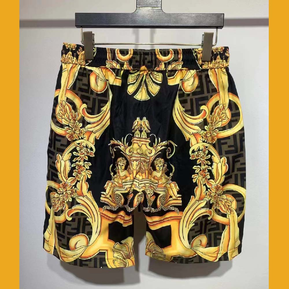 Side profile showing relaxed fit of Fendi Men Swim Shorts Fendace Multicolor Nylon Shorts