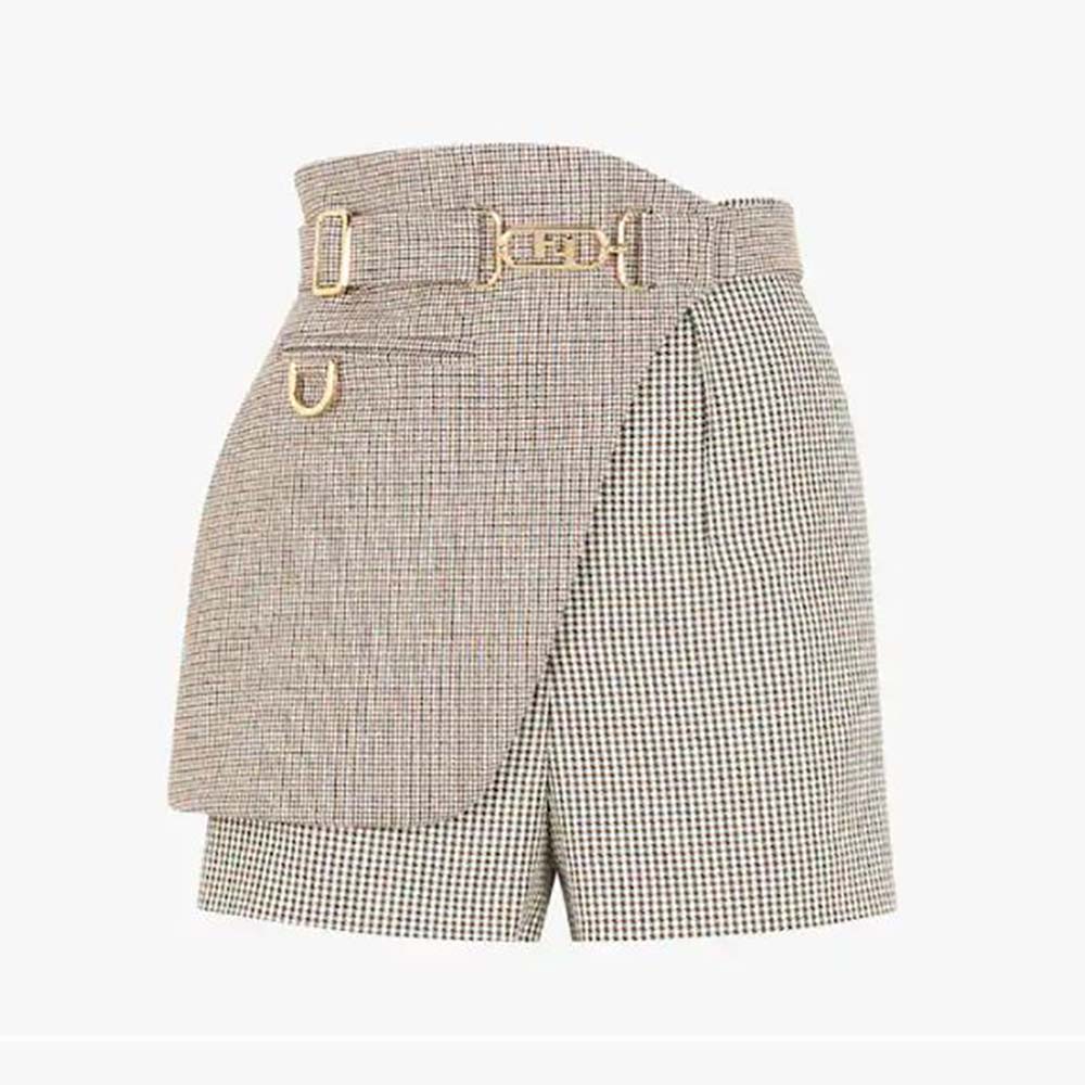 Front view of Fendi Women Beige Houndstooth Wool Shorts showing tailored fit
