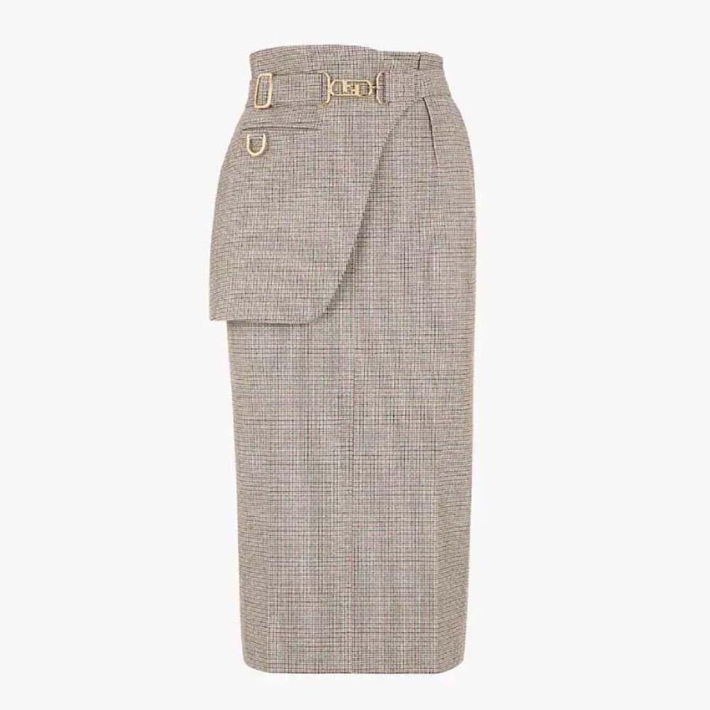 Front view of Fendi Women Beige Houndstooth Wool Skirt showcasing pattern