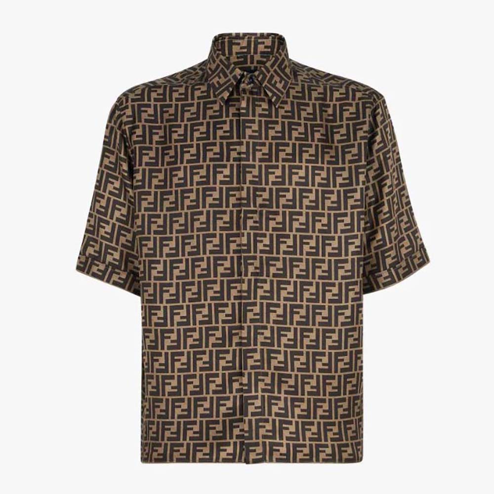 Front view of Fendi Women Brown Silk Shirt with Italian-style collar