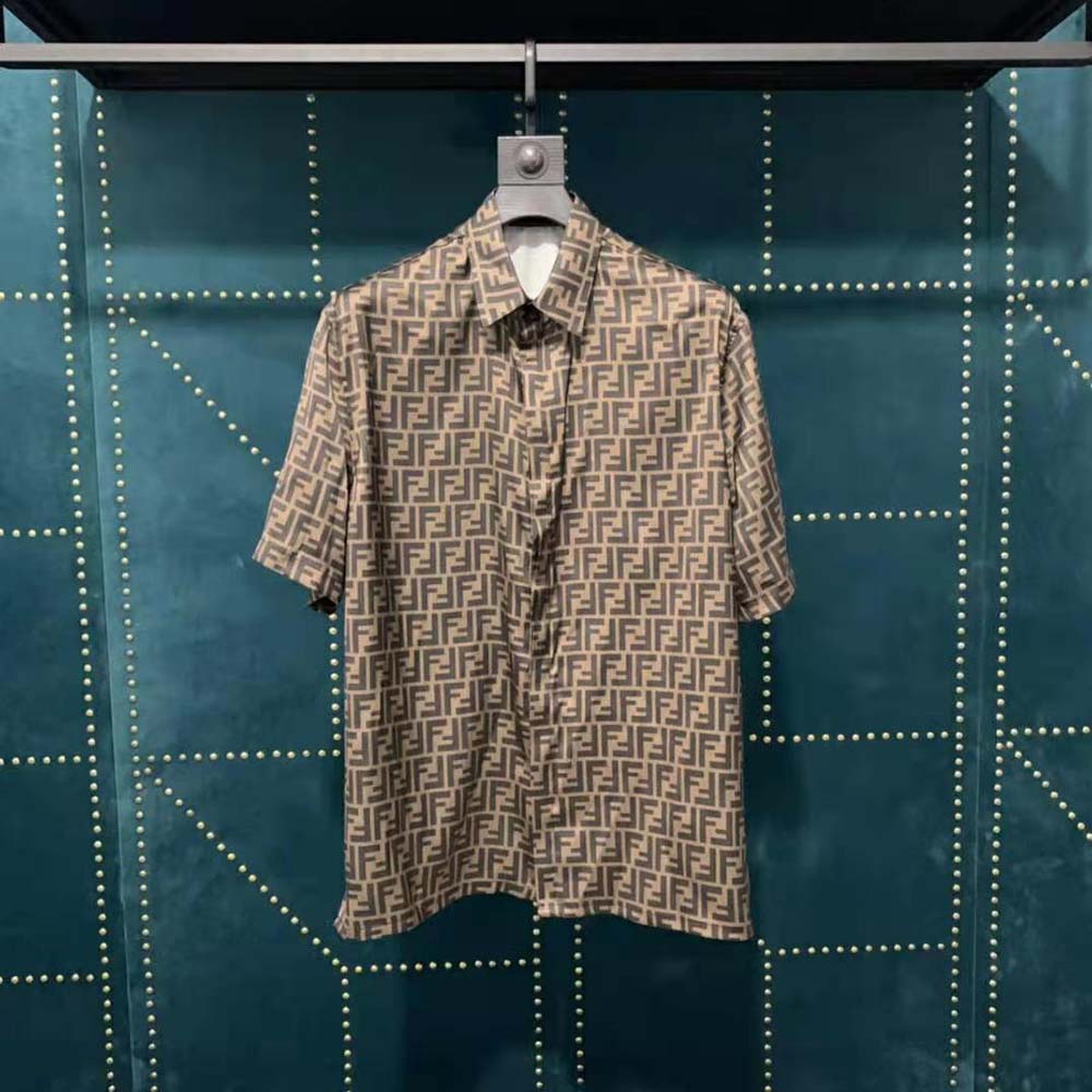 Close-up of collar detail on Fendi Women Brown Silk Shirt