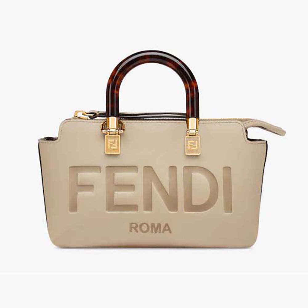 Front view of Fendi Women By The Way Mini Small Boston Bag in Dove Gray Leather