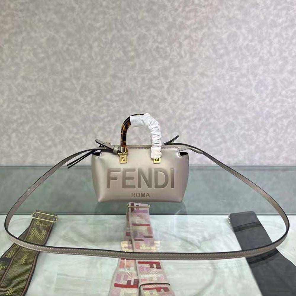 Top handle detail on Fendi Women By The Way Mini Small Boston Bag in dove gray