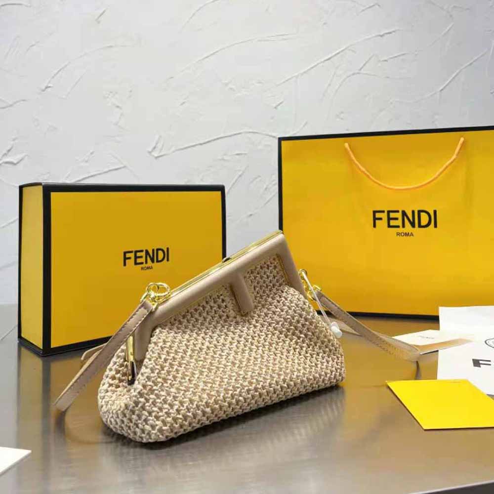 Side angle of Fendi Women First Small Beige Raffia Macrame Bag with gold hardware