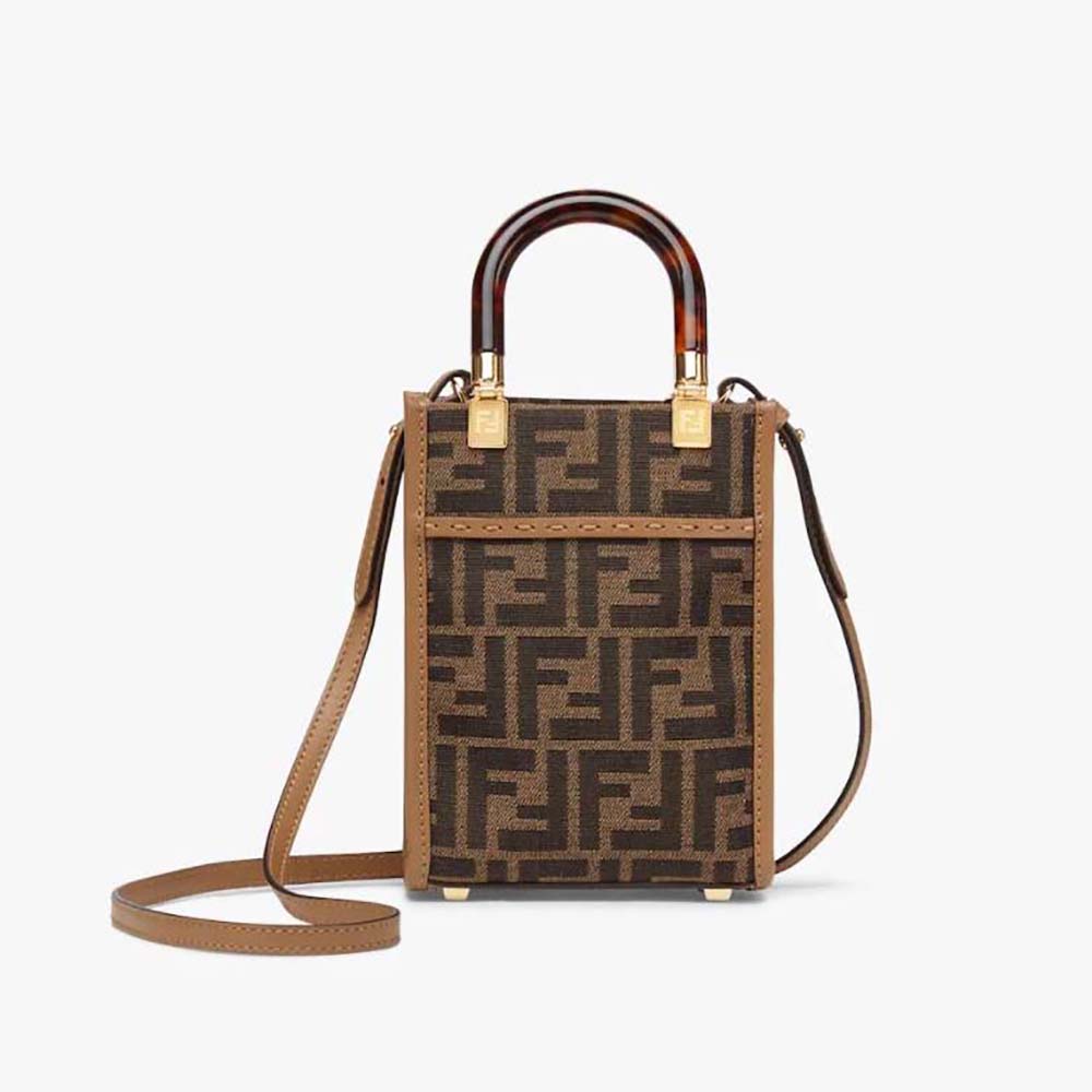 Front angle of Fendi Women Mini Sunshine Shopper Brown FF Fabric Mini-Bag