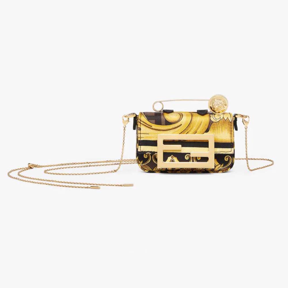 Front angle of Fendi Women Nano Baguette Charm Fendace Black Leather Charm in yellow