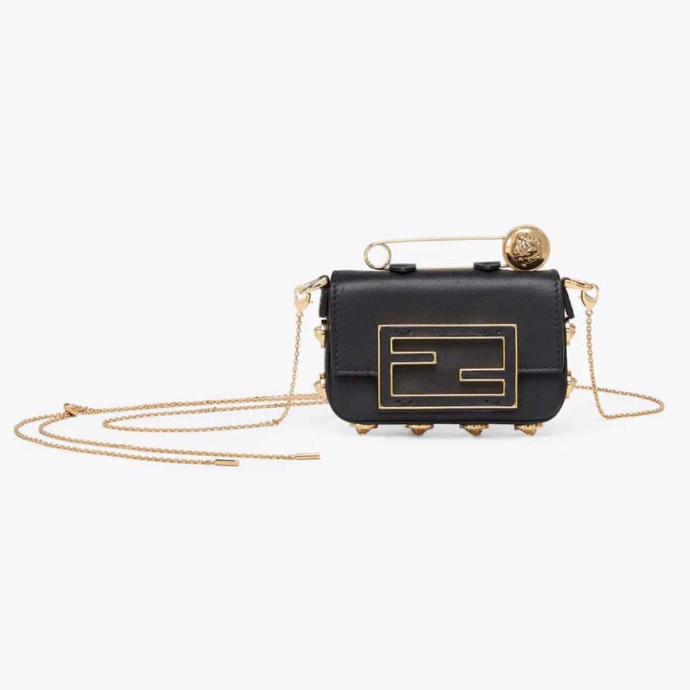 Front view of Fendi Women Nano Baguette Charm in black leather