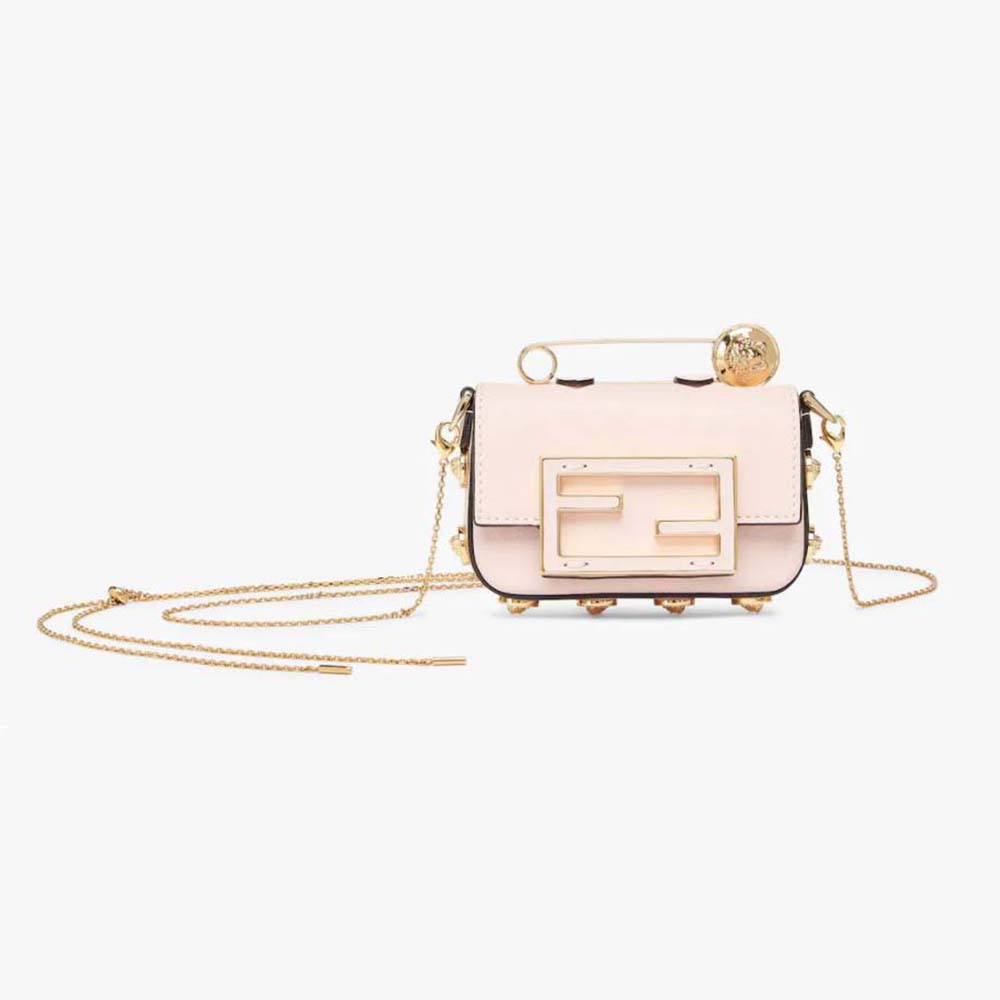Front view of Fendi Women Nano Baguette Charm Fendace Pink Leather Charm