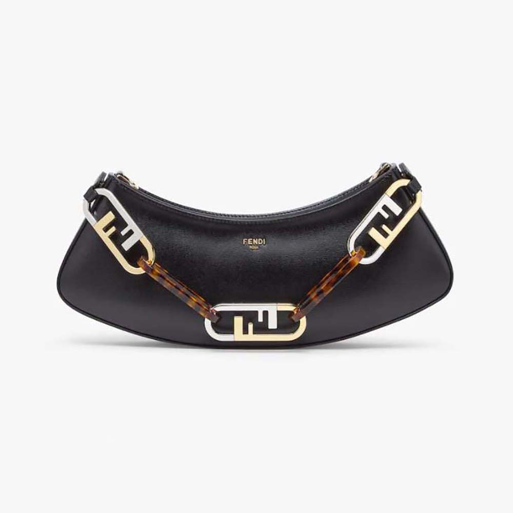Front view of Fendi Women O’Lock Swing Black Leather Pouch with clasp