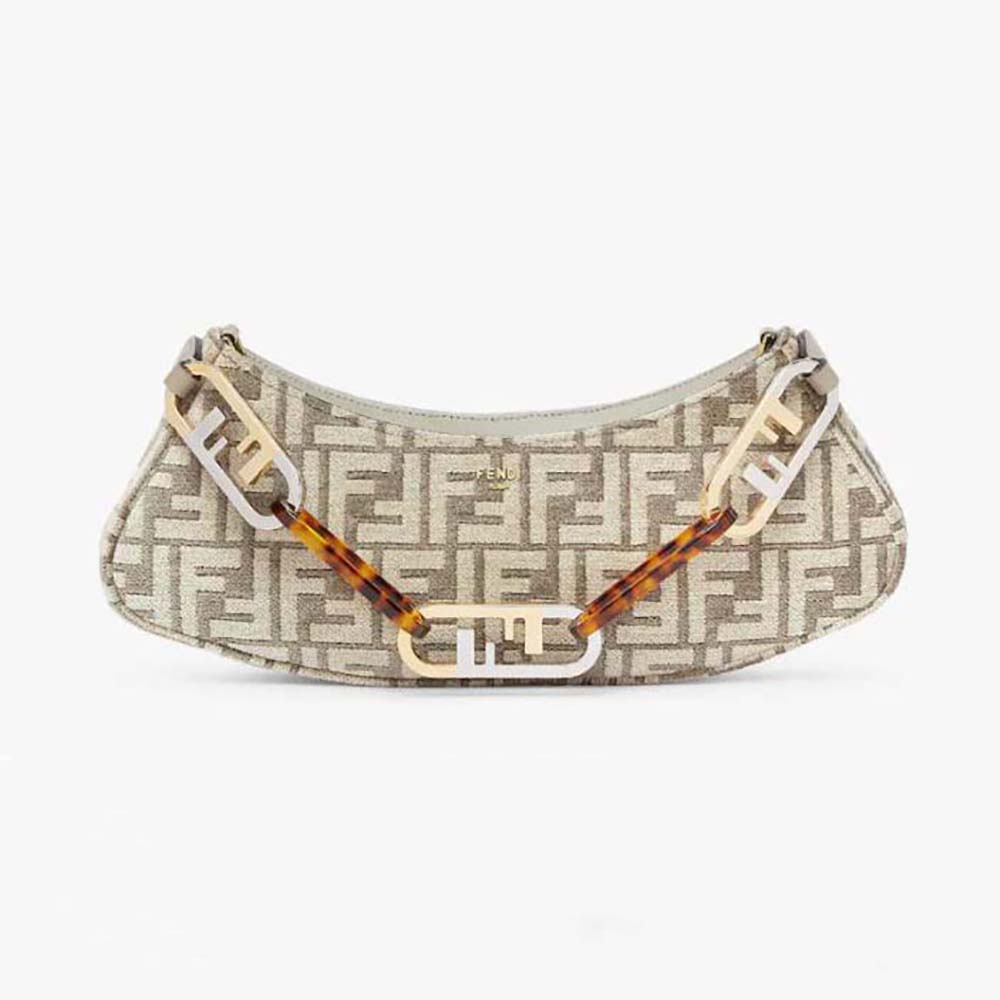 Front view of Fendi Women O’Lock Swing Dove Gray Tapestry Fabric Pouch