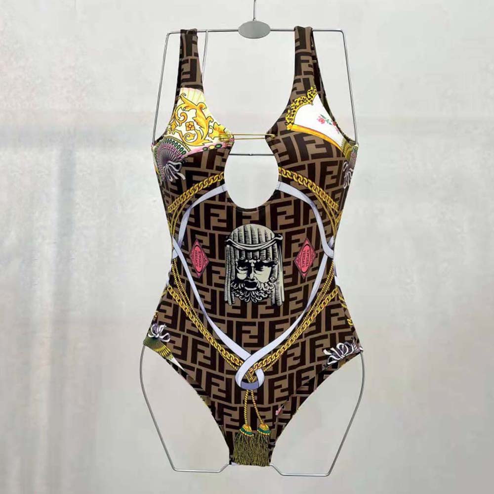 Close-up detail of signature Fendace logo on swimsuit fabric