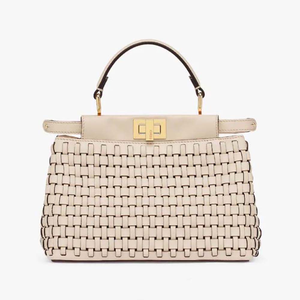 Front view of Fendi Women Peekaboo Mini Beige Braided Leather Bag showcasing braided detail