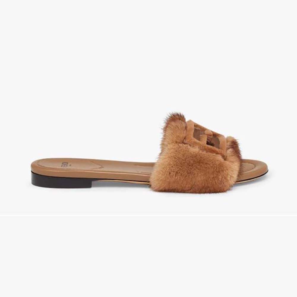 Side angle of Fendi Women Signature Brown Mink Slides showing plush fur