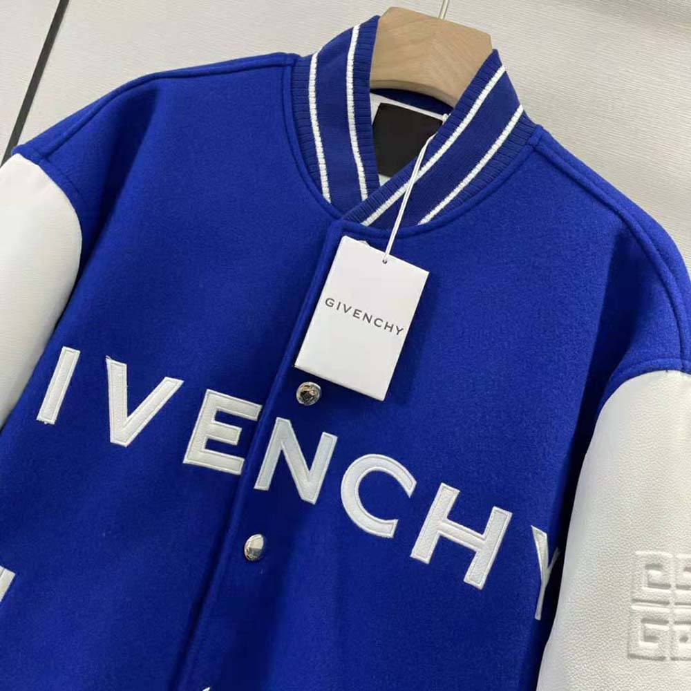 Givenchy Women Bomber Jacket in Wool and GIVENCHY Leather – White/Blue - image 4